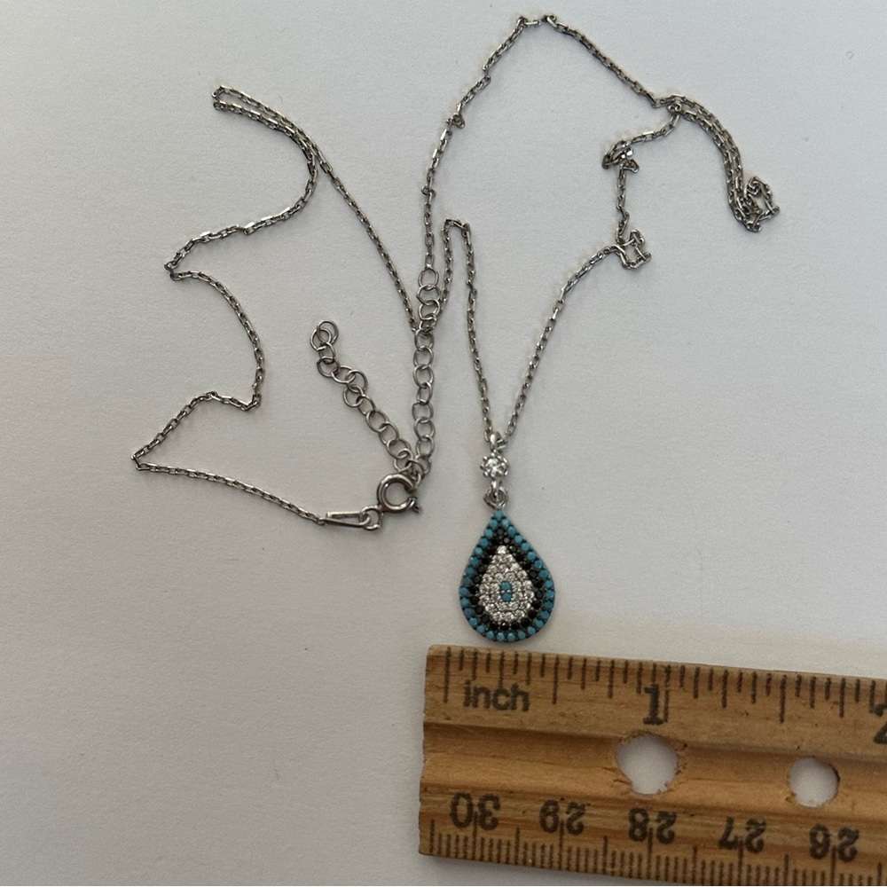 🧿 925 Silver necklace fancy drop evil eye cz turquoise - Picture 2 of 3